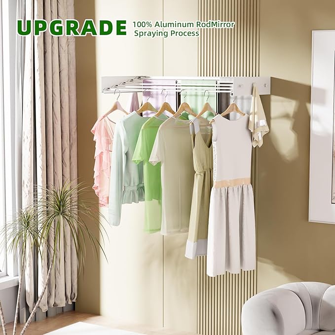 Wall Mounted Drying Rack for Laundry 40'', Folding Drying Rack Clothing Wall Mount with 5 Rods and 6 Hooks, Space Saving for Indoor Outdoor Bathroom Balcony (White, 40'')