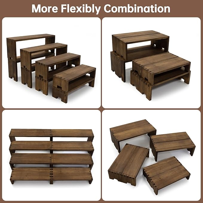 Large Display Wood Risers Wooden Stand 8 Tier Wood Racks Decorative Rectangular, 2 Set 8 Pieces Cupcake Stands Cologne Perfume Organizer Showcase Items(Brown)