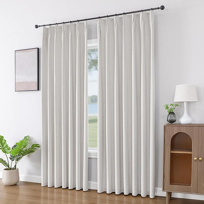 Joydeco Pinch Pleated Linen Curtains Darkening Drapes for Bedroom, 100% Blackout Drapes 96 inches Long 2 Panels Heat Blocking Curtains(Ivory,40'' Wx96'' L)