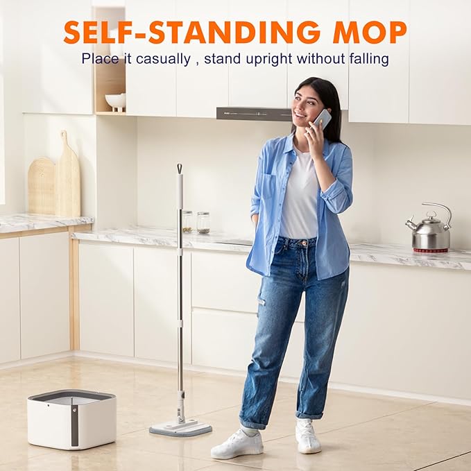 Upgraded Self-Standing Spin Mop and Bucket System, Detachable Inner Mop Bucket That Separates Dirty Water & 90° Foldable Head, Triple-Scrubbing System, for Hardwood Floors - White with 2 Pads