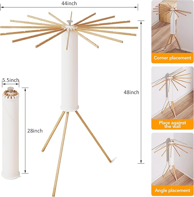 Clothes Drying Rack Tripod,Drying Rack Clothing,Laundry Drying Rack,Floor Standing,16 Wooden Poles,Collapsible Drying Racks for Laundry,Retractable,Foldable,Folding