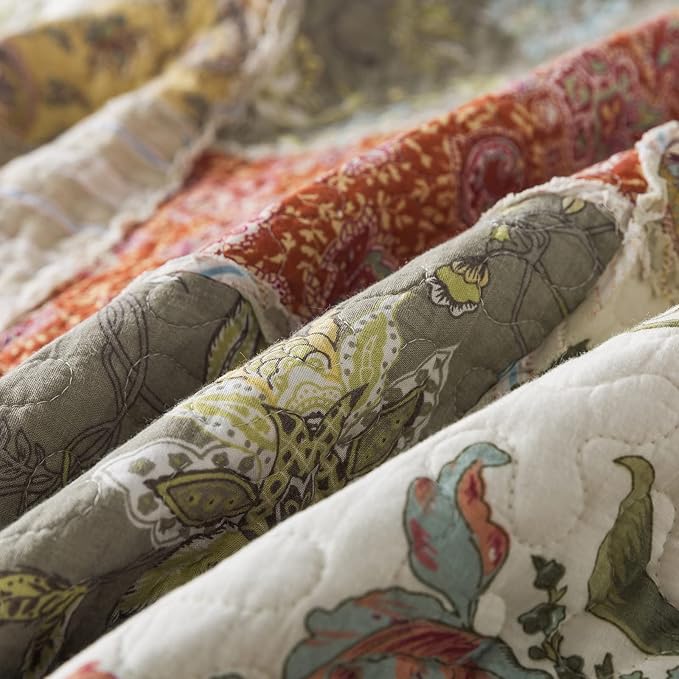 NEWLAKE Cotton Patchwork Bedspread, 3-Piece Bedding Quilt Set with Real Stitched Embroidery, Reversible Matelasse Bed Coverlet Set,Floral Paisley Grid with Lace,King Size