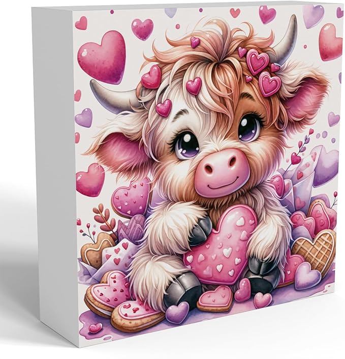 Valentines Day Decor Valentines Day Decorations Valentines Day Office Decor Valentines Day Table Decor Pink Valentines Day Decorations Valentines Decor Gifts for Girlfriend, Highland Cow Wooden Decor