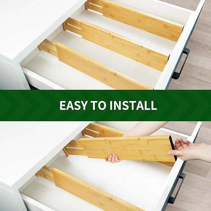 VaeFae 3 Pack Bamboo Drawer Dividers, 4" High Adjustable 11.9-17.1" Clothes Drawer Organizers, Expandable Separators for Bedroom/Bathroom/Kitchen/Office Storage