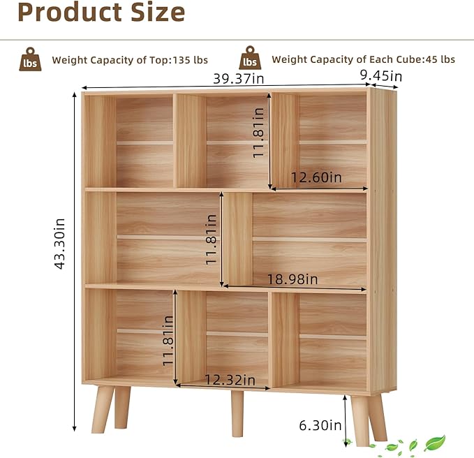 LEYAOYAO Wooden 8 Cube Book Shelf - Natural 3 Tier