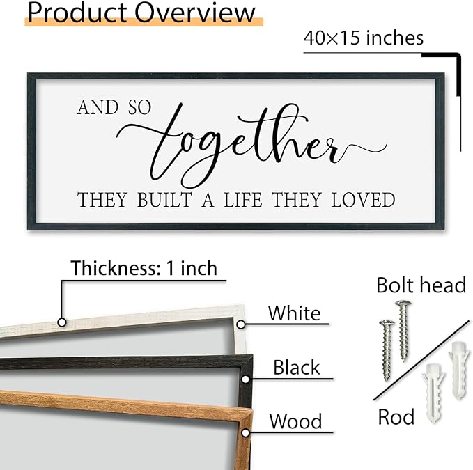 SRSZHIYUE And So Together They Built A Life They Loved Above Bed Sign Wall Decor Art 40"×15" for Master Bedroom Over Bed Large Wood Framed Wall Hanging (Black)