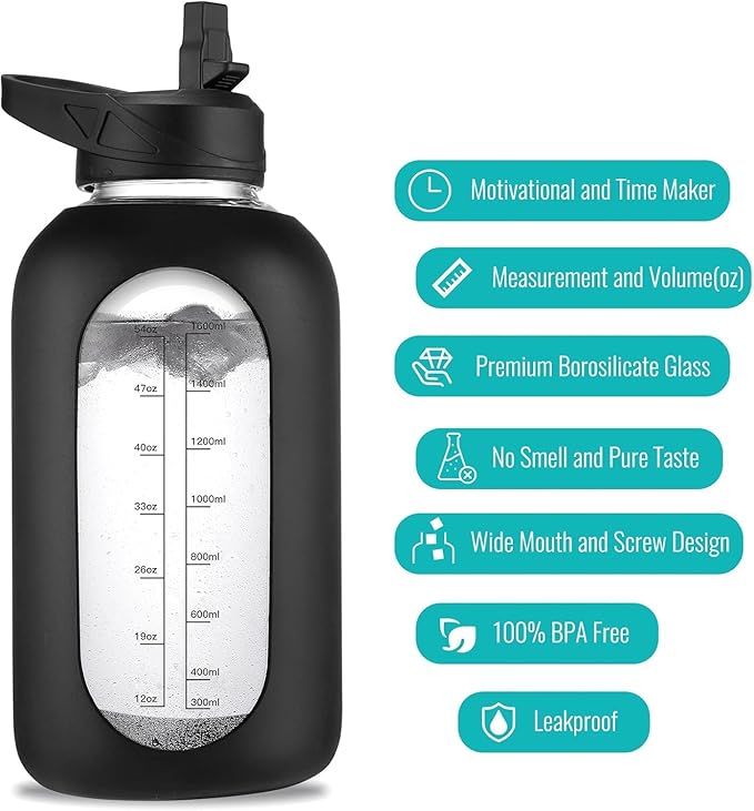 64 oz Glass Water Bottle With Straw and Handle, Half Gallon Sports Motivational Water Jug Flask with Silicone Sleeve, Large Water Cup with Time Marker for Travel, Gym, Dark Blue