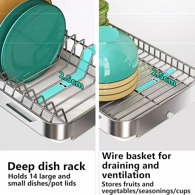 Dish Drying Rack with Drain Board - Rustproof Stainless Steel Dish Rack with Utensil Holder,Dish Racks for Kitchen Counter Over Sink,Over-Sink Drying Rack(Wall-Mounted,Third Floor)