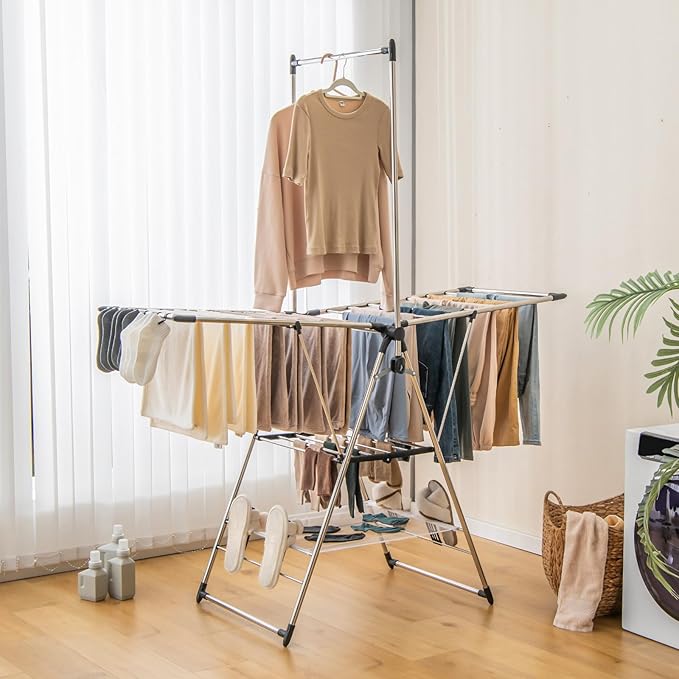 Giantex Clothes Drying Rack, Foldable Laundry Drying Rack with with 6-Level Adjustable Height, High Hanger Design, Side Clips, Space Saving Collapsible Laundry Drying Rack