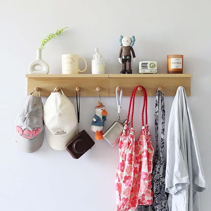 Entrance Coat Rack ，Coat Hooks, Wall-Mounted Wooden Hook Rack, Wall-Mounted Shelves are Very Suitable (Oak Colored Finish-2)