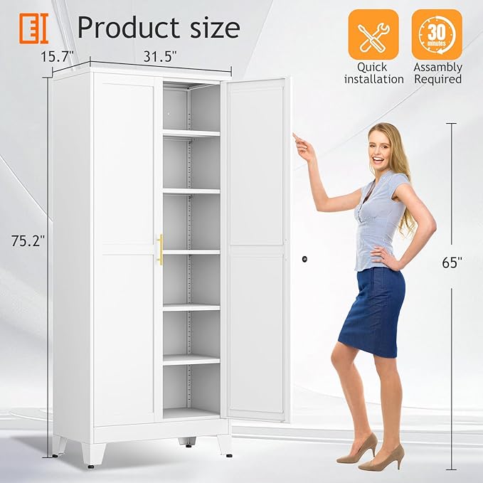 Kitchen Pantry Storage Cabinet with Doors and Adjustable Shelves, Metal ClosetMaid Food Pantry Cabinets, 75" Tall Freestanding Cupboard for Kitchen, Laundry or Utility Room, White