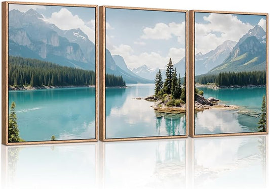 HLNIUC Large Mountain Lake Framed Canvas Wall Art Set,Beautiful Nature Landscape Wall Decor,Lake Forest and Mountain Scenery Art Print,Modern Scenic Wall Painting for Living Room,Bedroom - 16”x24”x3