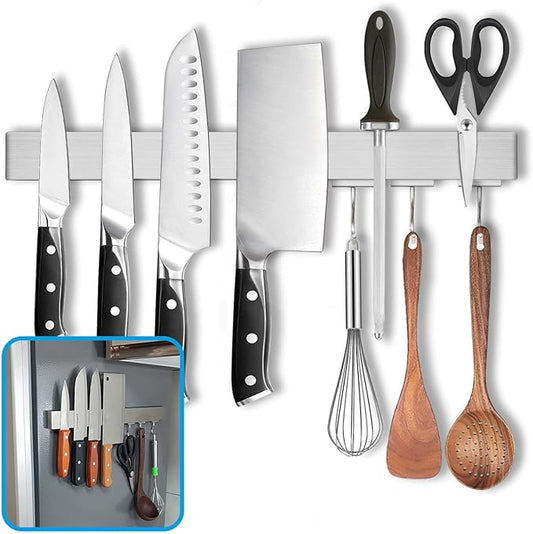 16 Inch Magnetic Knife Holder for Refrigerator - Knife Magnetic Strip for Fridge with Magnetic Hooks - Double Sided Magnetic Knife Bar - Stainless Steel Kitchen Magnetic Knife Hanger Rack