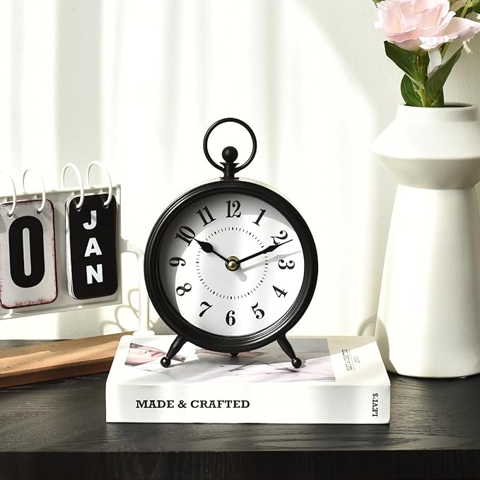 Vintage Black Table Clock on Stand, Decorative Desk and Shelf Clock，Decorative Battery Operated Table Top Clock for Living Room，Silent Non-Ticking(Small)