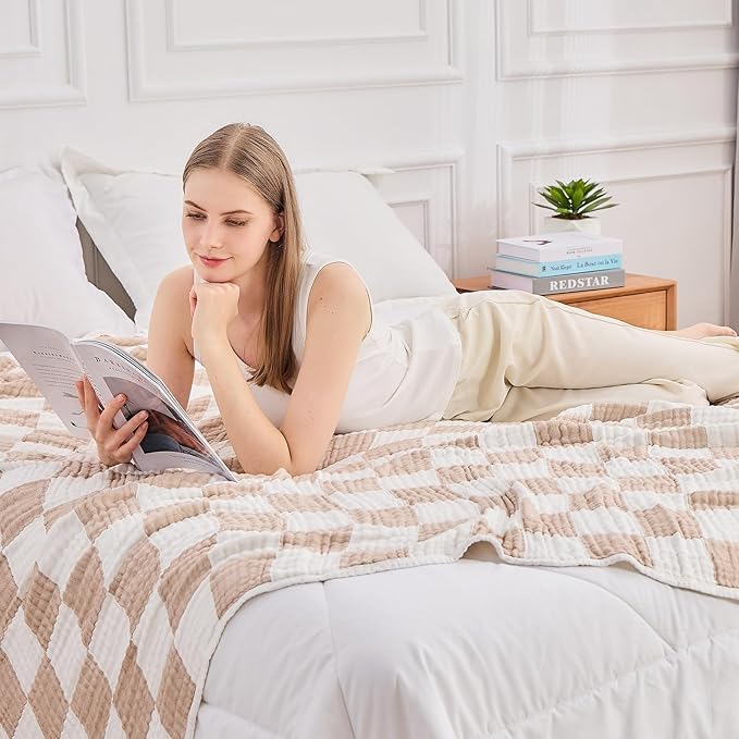 EMME Checkered Cotton Blanket Queen Size for Bed Soft Large Muslin Bed Blankets 80"x90" Lightweight Breathable Cooling All Season Gauze, Light Tan