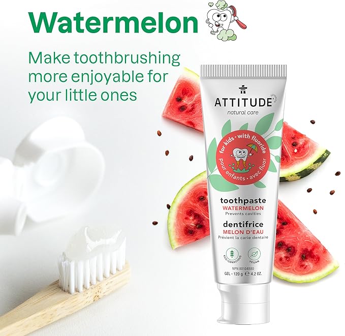ATTITUDE Toothpaste with Fluoride, Prevents Tooth Decay and Cavities, Vegan, Cruelty-Free and Sugar-Free, Watermelon, 4.2 Oz