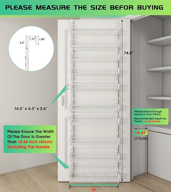 White 10-Tier Over The Door Pantry Organizer, Pantry Organization and Storage, Metal Hanging Adjustable Basket, Wall Spice Rack Seasoning Shelves, Home & Kitchen Essentials