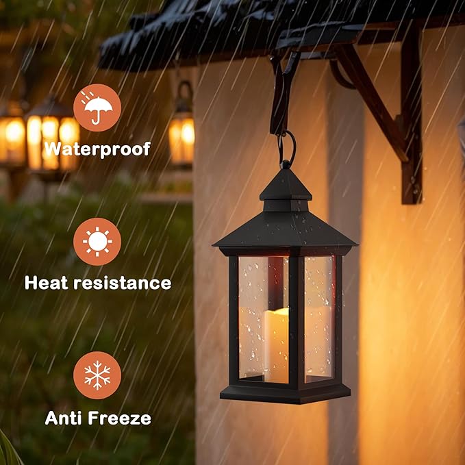 Lanterns Decorative Indoor, 1 Pack Black Outdoor Lantern with Timer, 14" Lantern Waterproof with Battery Operated Candle, Outdoor Hanging Lanterns for Porch, Patio, Wedding Decor
