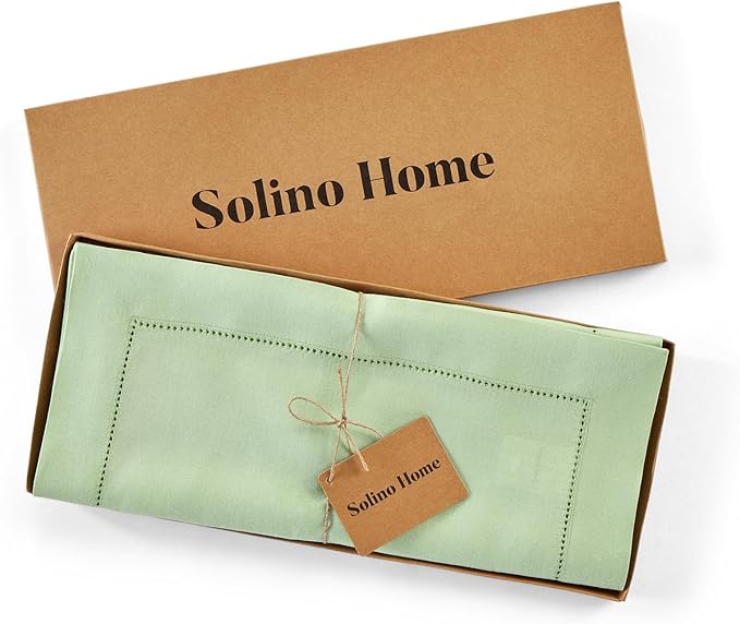Solino Home Linen Light Green Table Runner 72 Inches Long - 100% Pure Linen Hemstitch Table Runner 14 x 72 Inch for Dresser, Dining - Classic Hemstitch