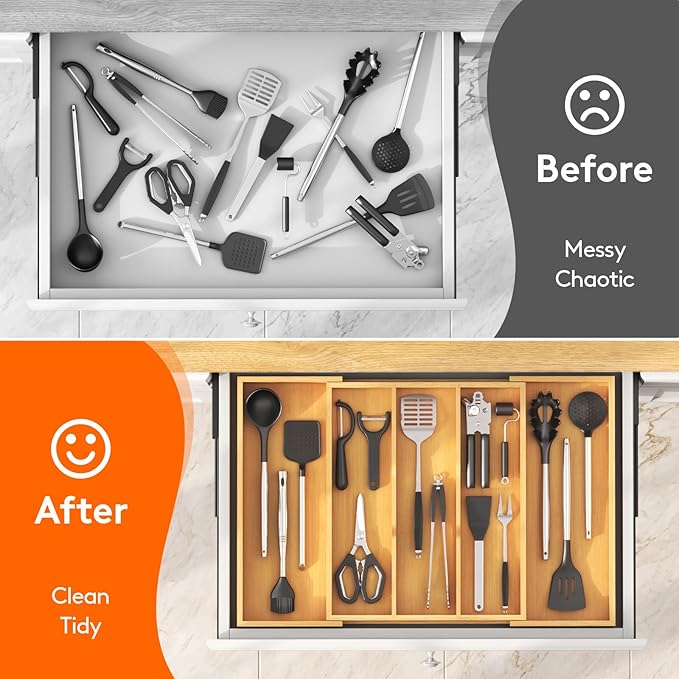 Lifewit Utensil Organizer for Kitchen Drawer, Expandable Cooking Utensil Tray, Bamboo Cutlery Silverware Flatware Holder, Adjustable Spatula Tools Gadget Storage Divider, 28 x18.5 x 2 inches, Natural