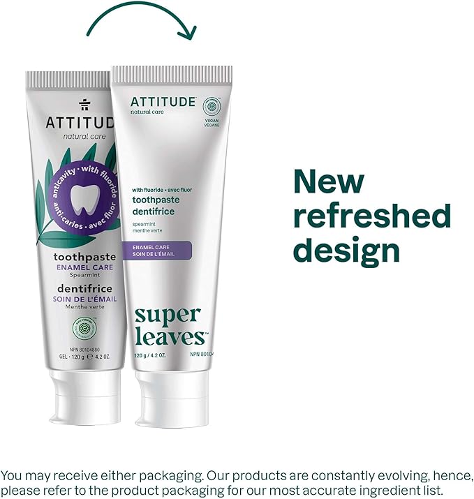 ATTITUDE Enamel Repair Toothpaste with Fluoride, Spearmint Flavor, Vegan & Cruelty-Free, Sugar-Free, Plant & Mineral-Based Ingredients, Clean Oral Care, 4.2 Oz