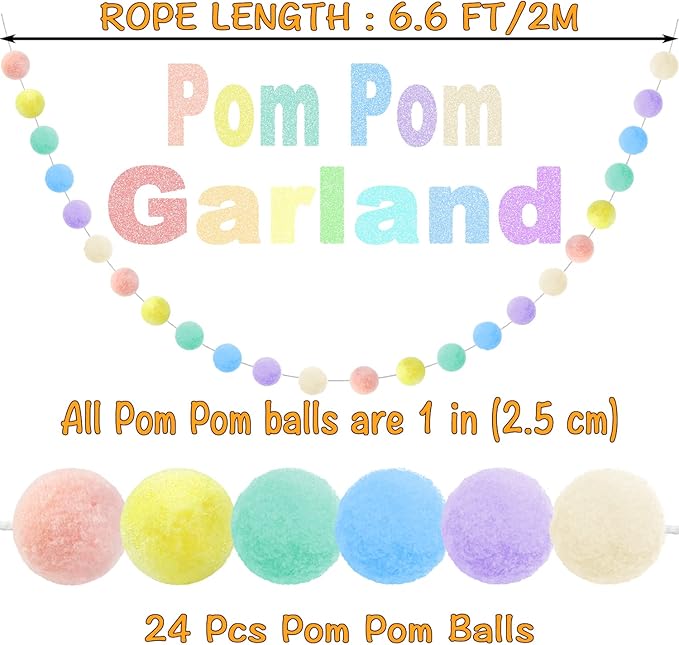 3pk Pastel Pom Pom Garland Easter Decorations Spring Home Decor Indoor Living Room Wall Classroom Xmas Tree, Cute Hanging Rainbow Colorful Felt Ball Garland Baby Shower Wedding Birthday Party Supplies