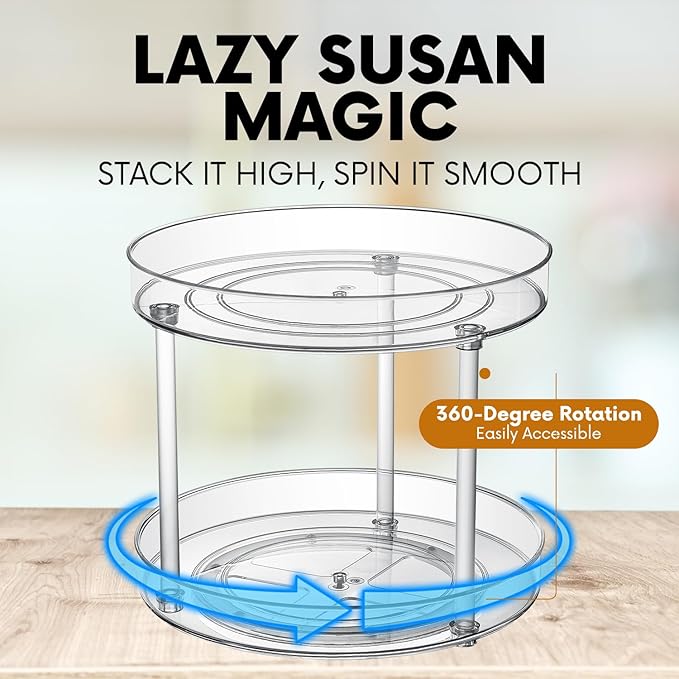 Clear Lazy Susan Organizer, Spice Rack Kitchen Cabinet Turntable, Pantry and Fridge Rotating Storage, Makeup Vanity for Skincare, Perfume, Cosmetic Dresser