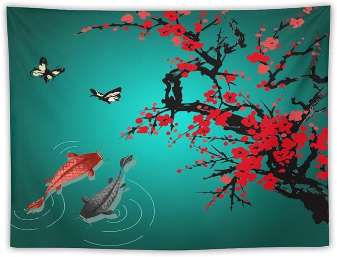 Houselerax Japanese Koi Fish Tapestry, Cherry Blossoms Asian Oriental Green Teal Floral Branch Koi Fish Carp Tapestries Wall Hanging for Bedroom Living Room Office Decor 80"x60"