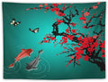 Japanese Koi Fish Tapestry, Cherry Blossoms Asian Oriental Green Teal Floral Branch Koi Fish Carp Tapestries Wall Hanging for Bedroom Living Room Office Decor 40"x30"