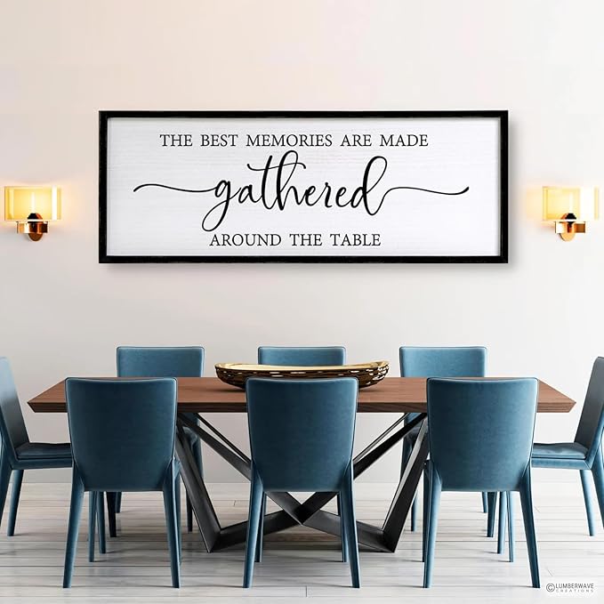 The Best Memories are Made Gathered Around The Table Sign Framed Wall Art, 40''×15'' Rustic Horizontal Plaque with Black Frame for Dinning Living Room, Long Home Family Wood Sign Wall Decor