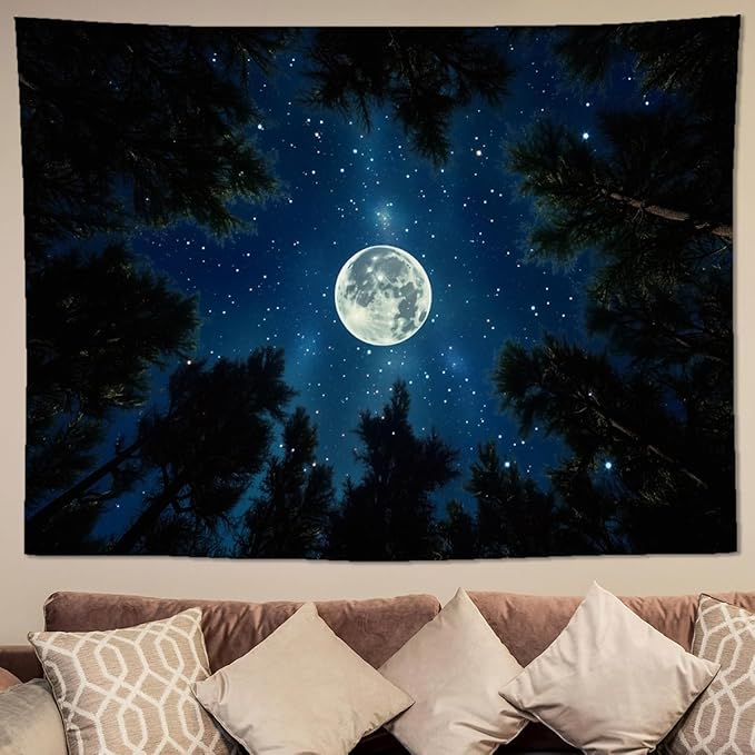keowhsf Forest Galaxy Tapestry for Bedroom Ceiling - Starry Night Sky with Moon and Trees, Blue Aesthetic Wall Hanging, Milky Way Landscape Backdrop for Living Room and Dorm Decor