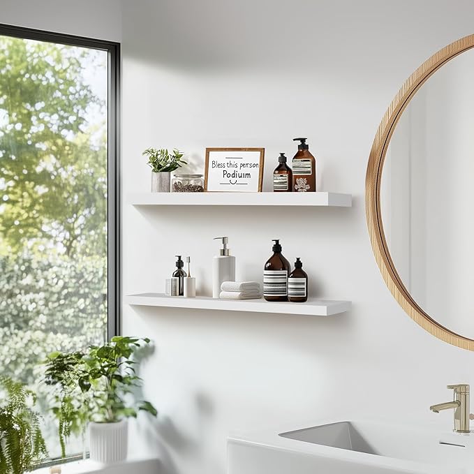 Floating Wall Shelves 2-Pack - 24-Inch Rustic White Wooden Shelves for Storage and Décor, Easy Installation for Living Room, Bedroom, and Kitchen