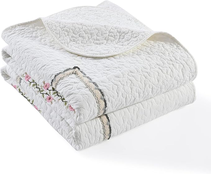 MarCielo 3-Piece 100% Cotton Oversized Bedspread Lightweight Quilt Coverlet Embroidery Farmhouse Bedding Set (Sakura White, Oversized Queen (100"x106"))