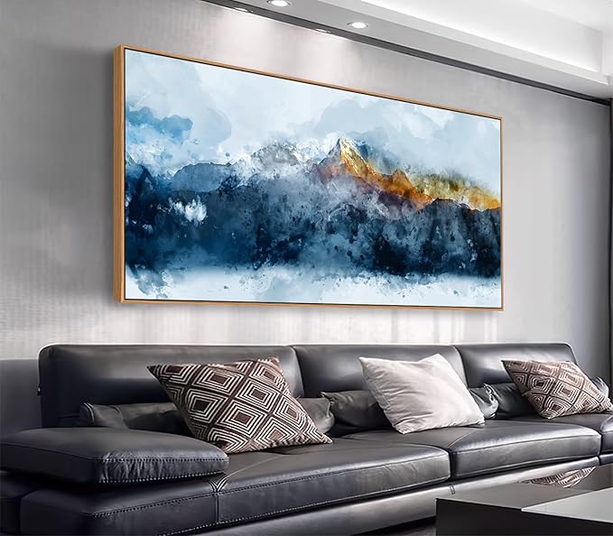 Framed Canvas Wall Art Indigo Abstract Mountain Pictures Wall Decor Blue Grey Orange Mountain Peaks Canvas Painting Prints Modern Abstract Artwork for Living Room Bedroom Decoration 29" X 58"