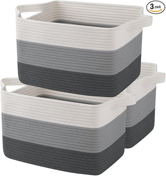 OIAHOMY Storage Basket, Woven Baskets for Storage, Cotton Rope Basket for toys,Towel Baskets for Bathroom - Pack of 3, Gradient Dark Gray