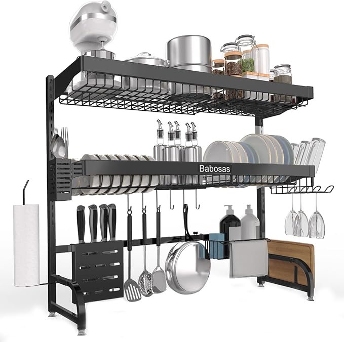 Over The Sink Dish Drying Rack,3 Tier Adjustable Length (25.5'' to 37.4'') Full Stainless Steel Large Storage Kitchen Dish Rack,for Kitchen Counter Expandable Multifunctional Organizers,Black