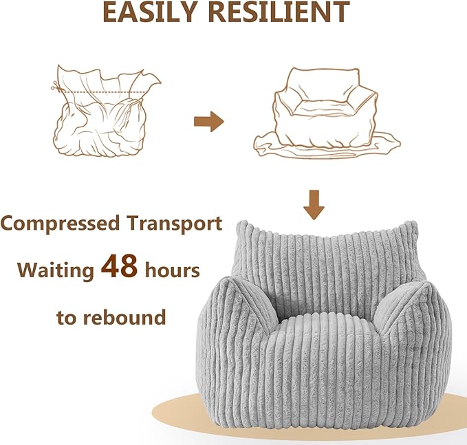 Giant Bean Bag Chairs for Adults Teens, Large Bean Bag Sofa Chairs with Filling Comfy Fuzzy BeanBag Chair with Armrests for Bedroom Living Room Reading (Light Gray, Large)