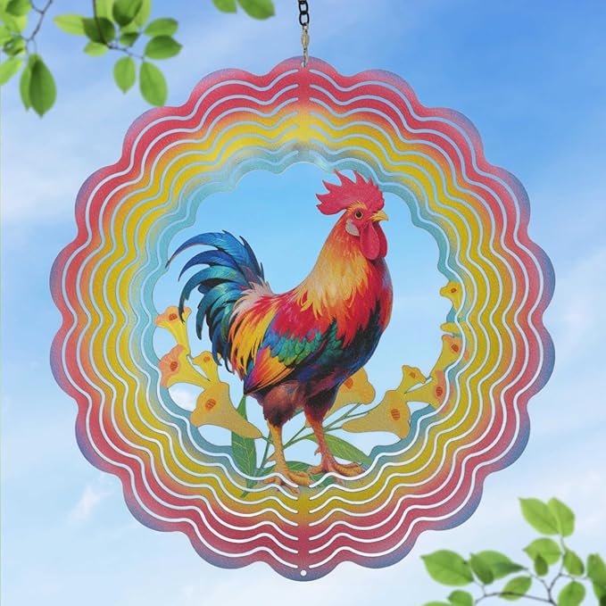 Wind Spinners Outdoor Chicken Decorations - Birthday Gifts for Women Mom Grandma, Rooster Deocr Hanging Wind Spinner 12 inch 3D Wind Sculptures for Garden Decor for Outside, Patio, Yard, Outdoor