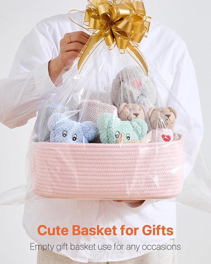 KALLAX Small Woven Basket, 13.5 x 9.5 x 5 Inches, Storage Basket for Organizing, Cute Small Rope Shelf Closet Cube Storage Bins Baskets for Shelves, Dog Toy Gift Baskets Empty, 3 Pack Light Pink
