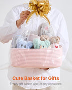 KALLAX Small Woven Basket, 13.5 x 9.5 x 5 Inches, Storage Basket for Organizing, Cute Small Rope Shelf Closet Cube Storage Bins Baskets for Shelves, Dog Toy Gift Baskets Empty, 3 Pack Light Pink
