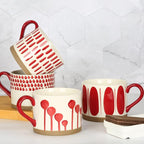 Koja Hand Painted 15 oz. Porcelain Ceramic Mugs Set. Service for 4. (Hand Painted - Red)