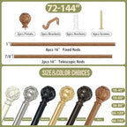Wood Boho Curtain Rods for Windows:72-144Inch Wooden Farmhouse Curtain Rod for Bedroom Living Room,Heavy Duty Adjustable Rustic Decorative Drapery Rod with Vintage Imitation Wood Finial,Brown