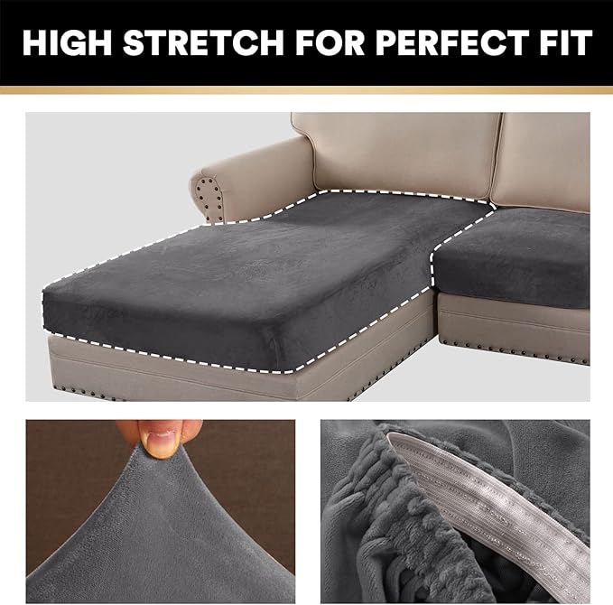 PrinceDeco Sectional Couch Covers 4 Pieces Velvet Separate Couch Cushion Covers L Shape for Left/Right Chaise Sectional Couch with Elastic Bottom (3 Seater + 1 Chaise,Grey)