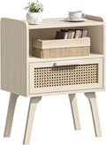 Lerliuo Rattan Nightstand, Side Table with Drawer Open Shelf, Cane Accent Bedside End Table with Solid Wood Legs, Mid Century Modern Night Stand for Bedroom, Dorm and Small Spaces (Grey White)