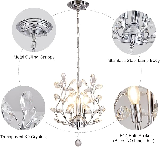 Ganeed 3-Light Branch Crystal Chandelier, Small Flush Mount Vintage Pendant Hanging Lighting, K9 Crystal Farmhouse Ceiling Light for Dining Room Bedroom Living Room Kitchen Hallway, Chrome Silvery