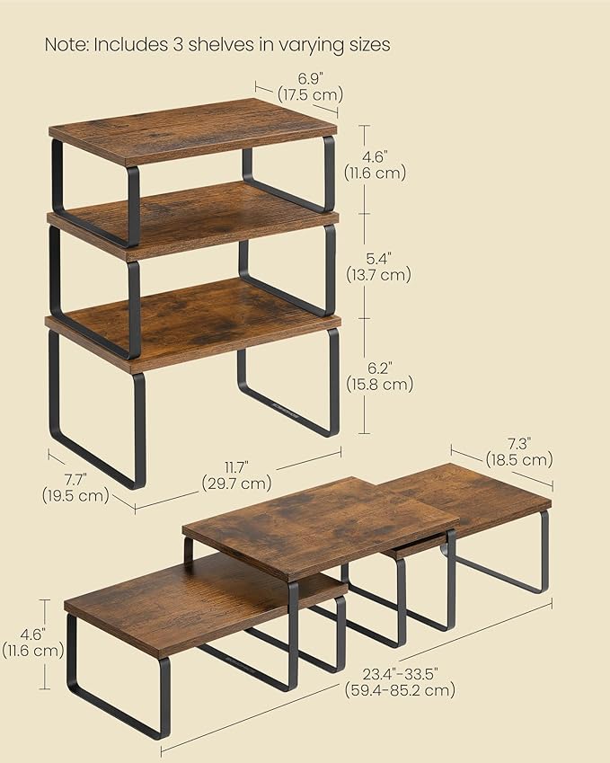 SONGMICS Cabinet Organizer Shelf, Set of 3 Kitchen Counter Shelves, Kitchen Storage, Spice Rack, Stackable, Expandable, Rustic Brown and Matte Black UKCS220K02