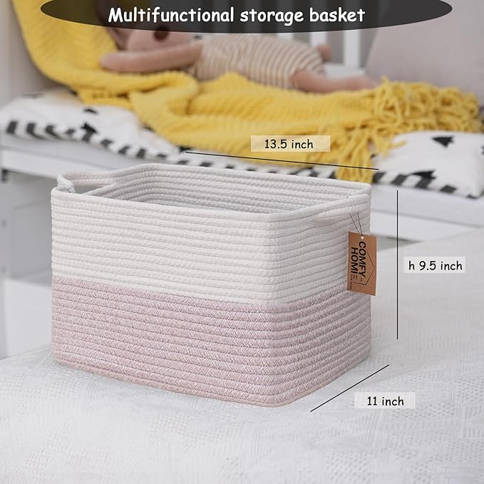 COMFY-HOMI 3PACK Cotton Rope Square baske with Handles for Shelves|Dog Toy baske Bin and Storage|Baby baske for Gift|Shoe baske for Organizing|13.5" x 11" x 9.5" for Living Room（White/Pink）