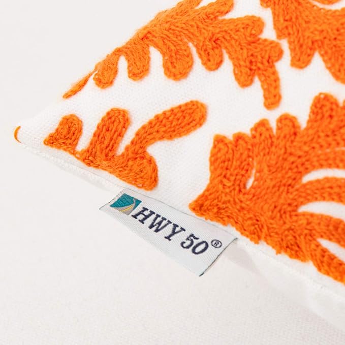 HWY 50 Orange Fall Decorative Throw Pillow Covers 18x18 Inch (1 Piece), Embroidered Cotton Farmhouse Cushion Cover Pillow Case for Sofa Couch Living Room Bed Bedroon, Floral Branches