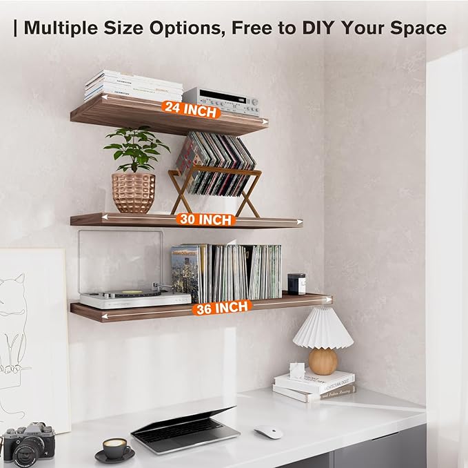 Wall Shelf Set of 2, Walnut Floating Shelves 30 in W x 10 in D x 1 in H, Wooden Floating Wall Shelf with Invisible Brackets for Living Room/Bedroom/Bathroom/Kitchen Storage and Decor
