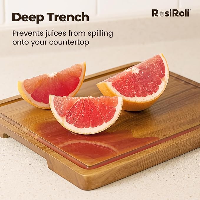 Acacia Wood Cutting Board for Kitchen - 0.8 inch Thick Wood Charcuterie Cheese Board with Side Handles and Juice Grooves, Wooden Chopping Block for Meat and Veggies, 11.5x7 inch